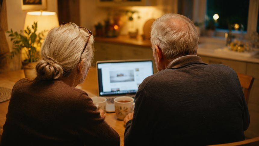 Couple at their kitchen table in the evening looking at a laptop